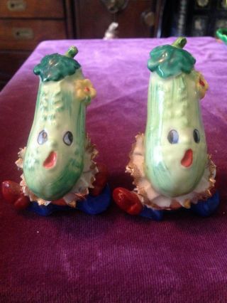 Rare Vintage Left & Right Anthropomorphic Zucchini Cucumber Salt Pepper Shakers