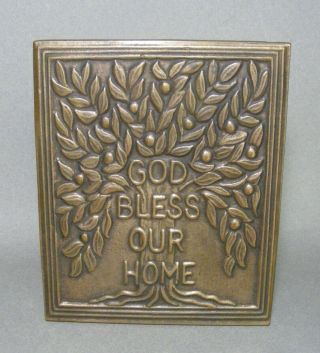 German Bronze God Bless Our Home / Tree Of Life Wall Plaque