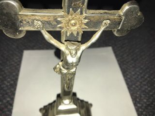 Antique Alter Crucifix Nickle Plated Wood Inlaid Priest Nun