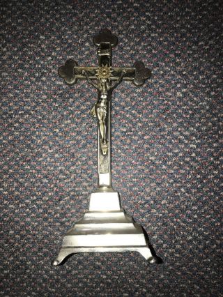 Antique Alter Crucifix Nickle Plated Wood Inlaid Priest Nun 2