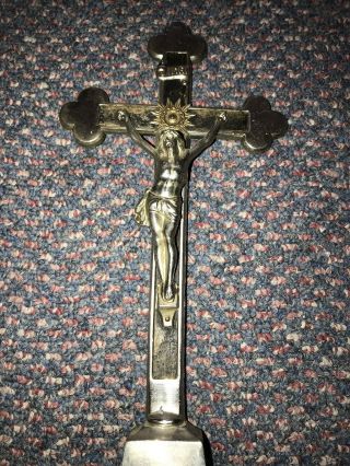 Antique Alter Crucifix Nickle Plated Wood Inlaid Priest Nun 3
