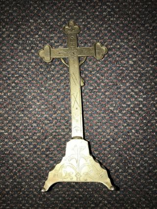 Antique Alter Crucifix Nickle Plated Wood Inlaid Priest Nun 5