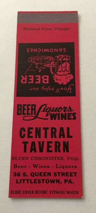 Vintage Matchbook Cover Matchcover Central Tavern Littlestown Pa Salesman’s