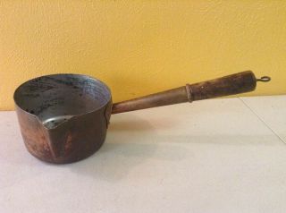 Vintage Antique Copper Tin Lined Brass Rivet Handle Sauce Fry Pot Pan W/ Spout