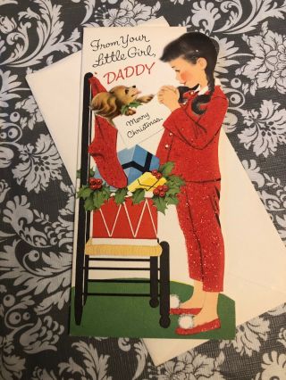 Vtg 60’s Norcross Greeting Card Little Girl To Daddy Glitter Xmas
