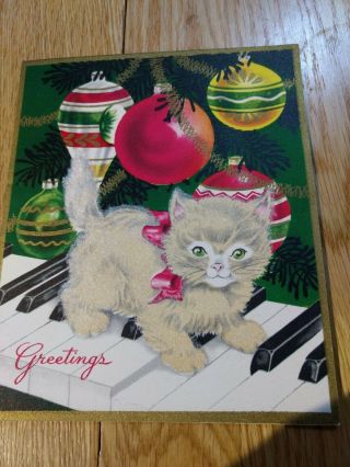 Vintage Christmas Card Adorable Kitten Flocked,  Piano,  Ornaments