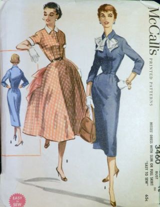 Vtg 1950s 1955 Mccall 3460 Slim Full Flared Skirt Day Dress Sewing Pattern 18