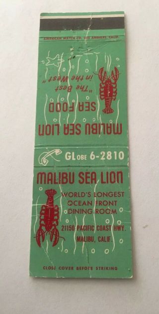 Vintage Matchbook Cover Matchcover Malibu Sea Lion Restaurant Malibu Ca