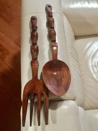Large Vintage 28” Tiki Hand Carved Wooden Fork And Spoon Wall Hanging