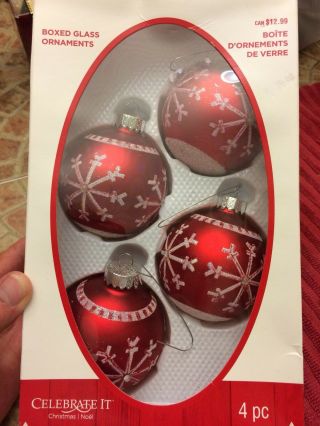 Celebrate It Red & White Snowflake Glitter Glass Ball Christmas Ornaments Box 4