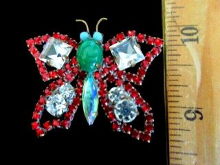 Czech Vintage Style Glass Rhinestone Button Butterfly Ruby Red & Jade Green