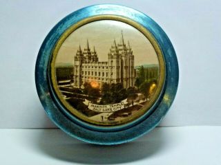 Vintage Round Sewing Tin Sepia Photo Of Mormon Temple Salt Lake City Utah