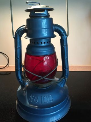 Vintage Dietz No.  100 Ny Usa Lantern Blue Metal Red Glass Kerosene Lamp