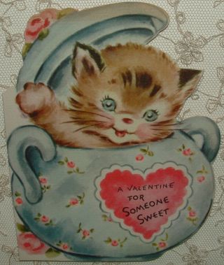 Kitten In A Teapot,  Cat - 1947 Vintage Rust Craft Greeting Card