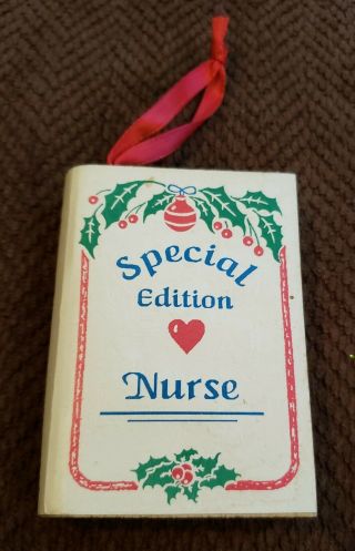 Vtg Adam Art Wooden Book Christmas Nurse Special Edition 3.  5 " Ornament