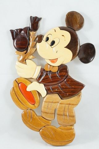 Vtg Disney Mickey Mouse Valentine Roses Wall Decoration Wood Intarsia Marquetry