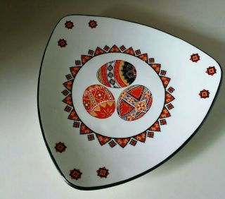 Vintage Ukrainian Art Pottery Hand Decorated 10 " Serving Plate Platter Triangle