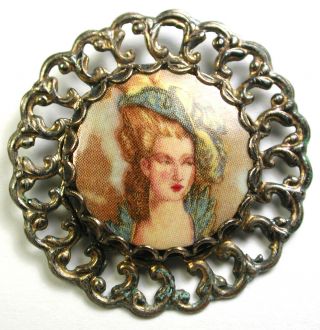 Vintage Brass Button W/ Porcelain Transfer Image Of Woman Design - 1 & 3/8 "