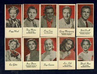 Complete Set Of 10 1940’s Peerless Engrav - O - Tints Movie Star Fortune Cards