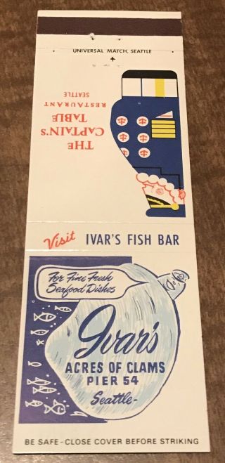 Matchbook Cover Ivar’s Fish Bar Acres Of Clams Pier 64 Seattle