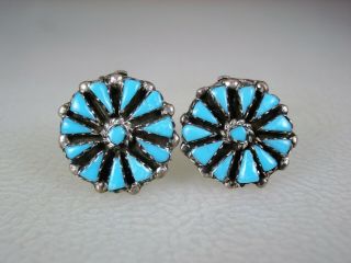 Vintage Zuni Sterling Silver & Petitpoint Turquoise Cluster Earrings
