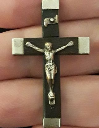 Rare Sterling Silver French Ebony Crucifix St Anne Vtg Cross Pendant Black Wood