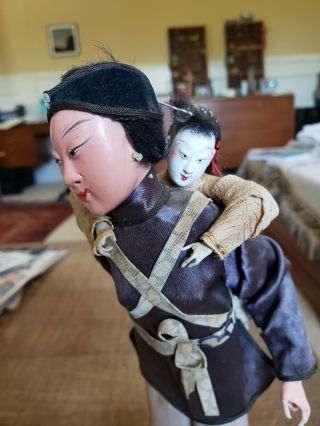 Antique Chinese Opera Doll - Mother With Child On Back -