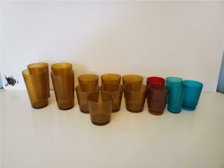 16 Vintage Texan Plastic Glasses,  Amber,  Blue,  Red