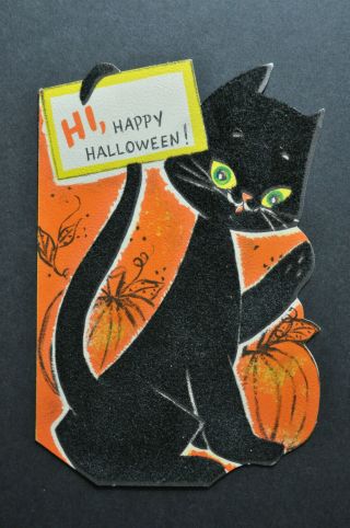 Vintage Halloween Card Hallmark Flocked Black Cat Pumpkins 1957 Signed
