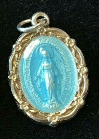 Vintage Signed Sterling Silver Blue Enamel Virgin Mary Catholic Charm Pendant