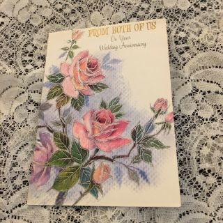Vintage Greeting Card Wedding Anniversary Pink Roses Flowers