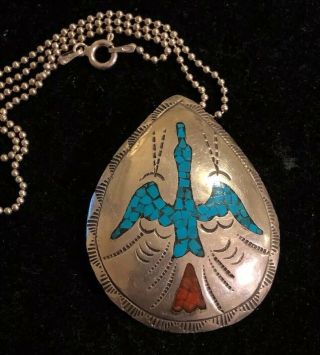 Lrg J Nezzie Eagle Turquoise & Corral Chip Inlay 925 Sterling Silver Necklace