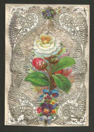 M47 - Victorian Paper Lace Valentine Card - Floral Scrap On Real Lace