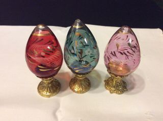 3 Designer Blown Glass Easter Eggs With Gold Leaf Stands From Egypt