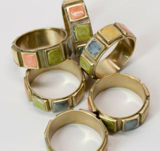 Set of Six Vintage Mid - Century Modern 1960 ' s Inlaid Brass Napkin Rings Mod Retro 5