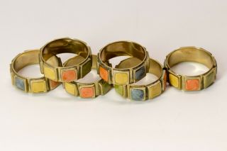 Set of Six Vintage Mid - Century Modern 1960 ' s Inlaid Brass Napkin Rings Mod Retro 6