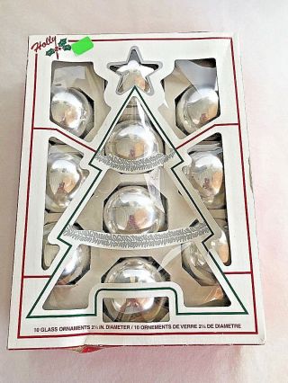 Vintage Set Of 10 Holly Brand Glass Christmas Ornaments Silver Tree Box Usa