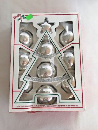 Vintage Set of 10 Holly Brand Glass Christmas Ornaments Silver Tree Box USA 2