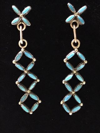 , Authentic Zuni Indian Turquoise & Ss Petit Point Earrings.  1970 