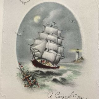 Vintage Early Mid Century Christmas Greeting Card Sailboat Ship On The Water