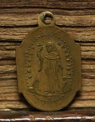 Antique Religious Bronze Medal Pendant Saint Benedictus For Exorcism