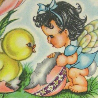 American Greeting Card Easter Day 1949 Duck Chick Egg Tulips Fairy Torn