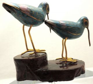 Fine Old Chinese Cloisonne Enamel Sandpiper Curlew Bird Statues Figurine W/stand