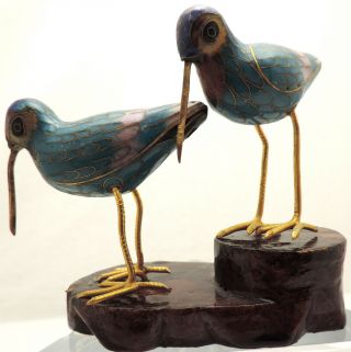 Fine Old Chinese Cloisonne Enamel Sandpiper Curlew Bird Statues Figurine w/stand 2