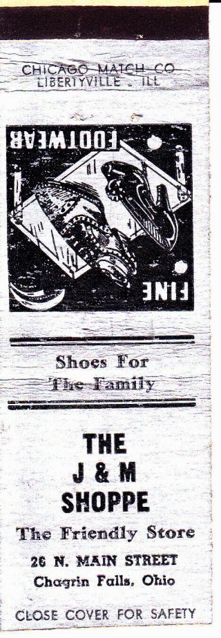 Vintage Matchbook Cover:.  The J & M Shoppe,  Chagrin Falls,  Oh - Shoes