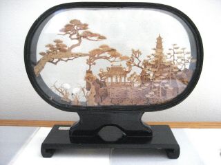 Vintage Chinese Carved Cork Diorama,  Pagoda And Cranes,  In Lacquer Display