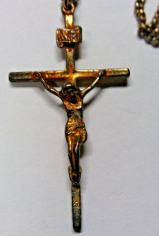 Antique Vintage Cross Crucifix Religious Irni Jesus Christ Pendant 24 " Necklace