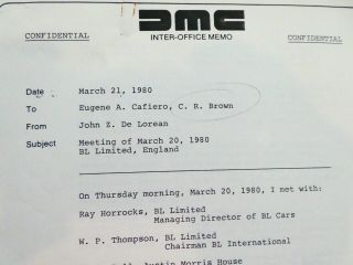 Confidential Delorean Doc Re; British Leyland,  Renault And Proposed Take - Over.