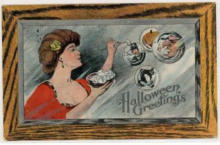 1910 Manheim Pa Halloween Greetings Women Bubbles Tr Co Witch Pumpkin Postcard