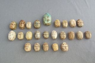 Vintage 24 Hand Carved Soap Stone Egyptian Scarab Cartouche Beads